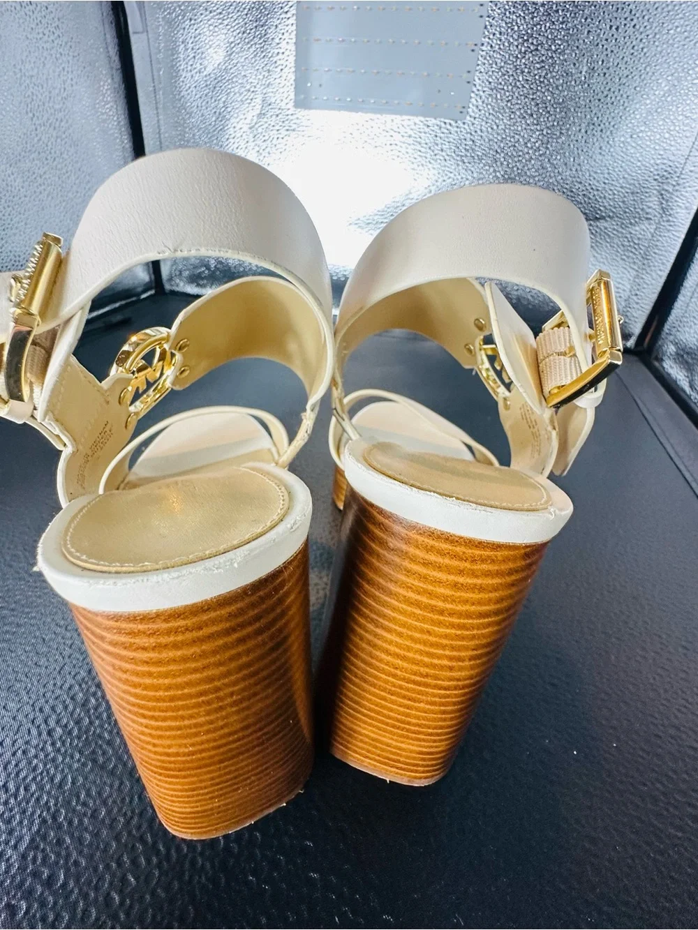 MICHAEL KORS Cream Leather Platform Block Heel Sandals with Gold MK Logo